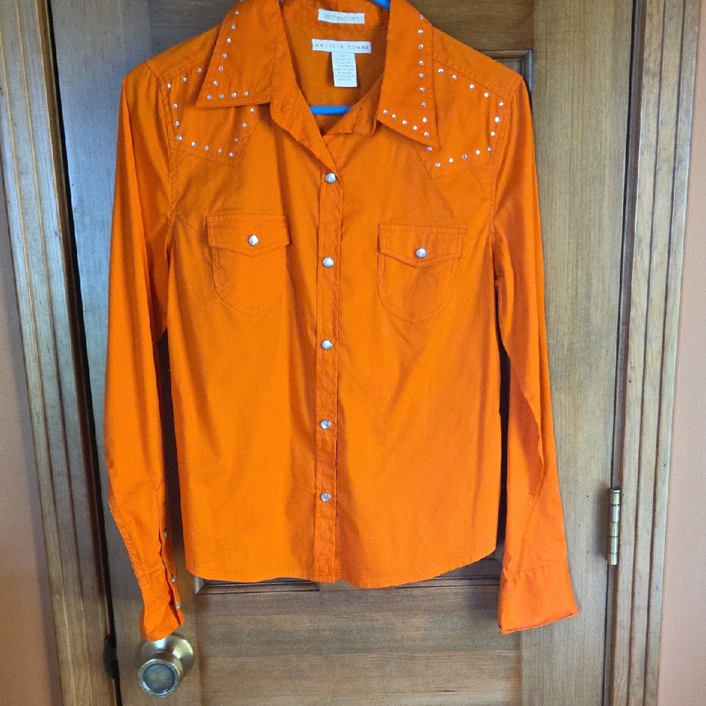 Orange Studded Long-Sleeve Button-Up Shirt